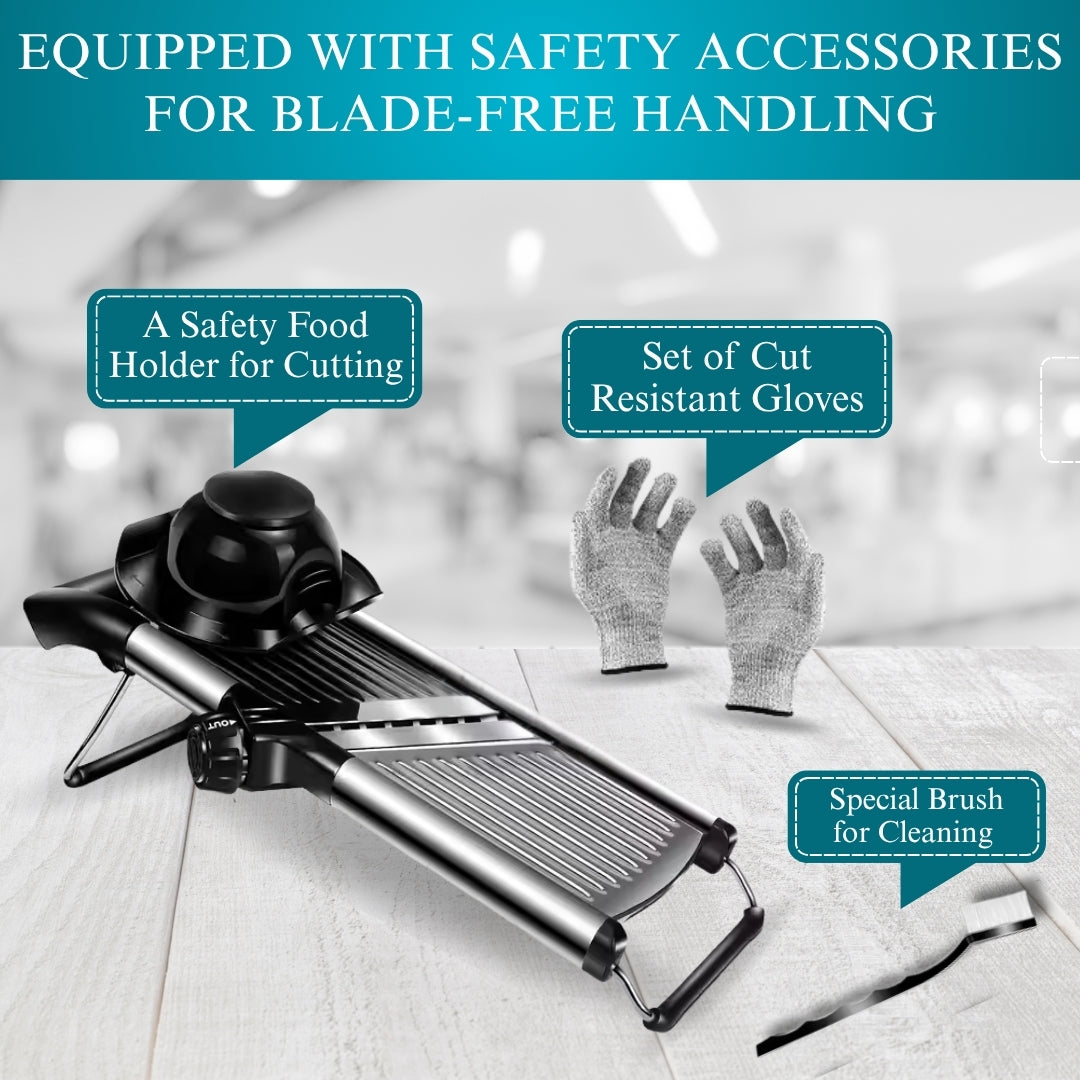 Mandoline Slicer | Stainless Steel Onion Slicer, Rotatable Dial to Adjust Thickness & Cabbage Shredder – Anti-Slip Base with Fingers Guard & Gloves