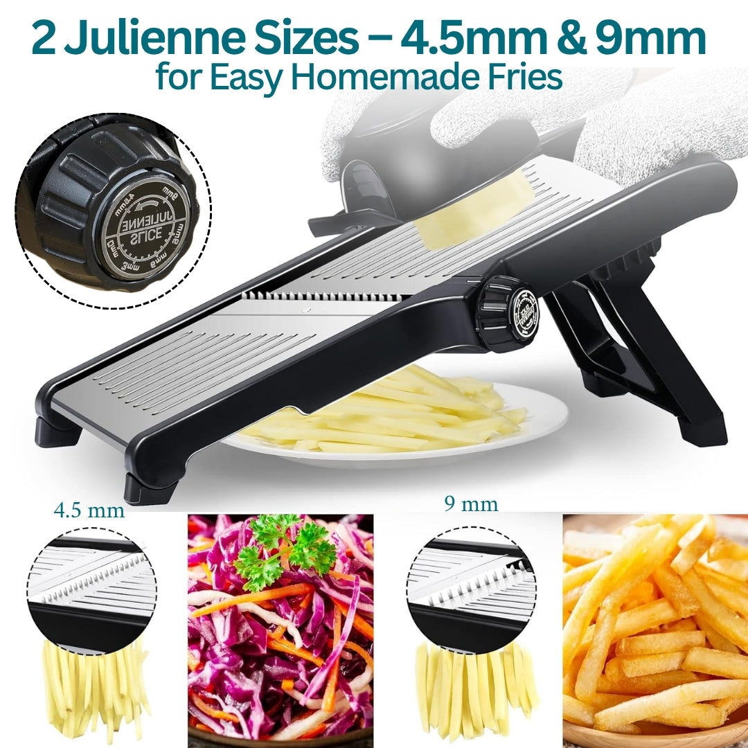 HEARTHLY Mandoline Slicer for Kitchen | Stainless Steel Onion Slicer, Adjustable Veggie Chopper & Cabbage Shredder – Anti-Slip Base & Fingers Guard & Gloves Included