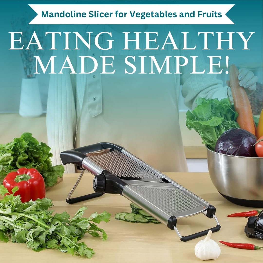Mandoline Slicer | Stainless Steel Onion Slicer, Rotatable Dial to Adjust Thickness & Cabbage Shredder – Anti-Slip Base with Fingers Guard & Gloves