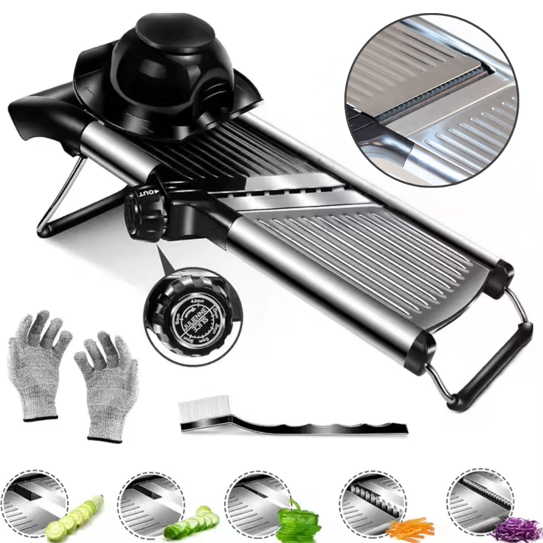Mandoline Slicer | Stainless Steel Onion Slicer, Rotatable Dial to Adjust Thickness & Cabbage Shredder – Anti-Slip Base with Fingers Guard & Gloves