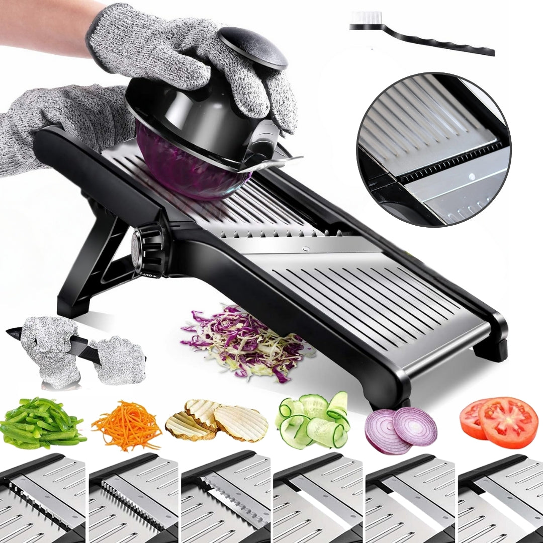 HEARTHLY Mandoline Slicer for Kitchen | Stainless Steel Onion Slicer, Adjustable Veggie Chopper & Cabbage Shredder – Anti-Slip Base & Fingers Guard & Gloves Included