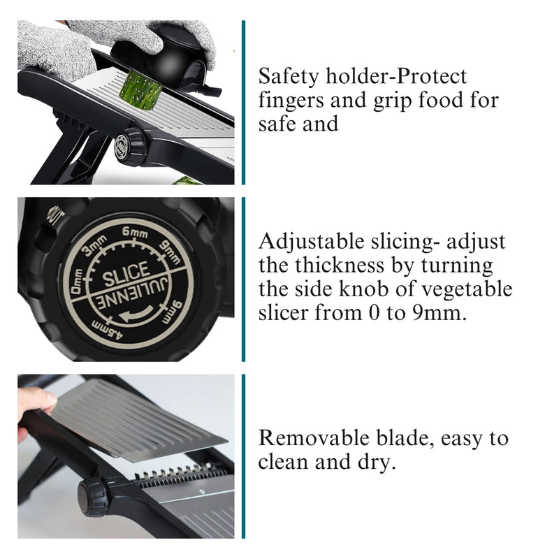 HEARTHLY Mandoline Slicer for Kitchen | Stainless Steel Onion Slicer, Adjustable Veggie Chopper & Cabbage Shredder – Anti-Slip Base & Fingers Guard & Gloves Included
