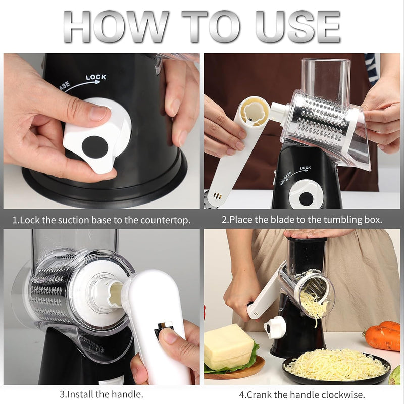 Rotary Cheese Grater & Vegetable Slicer – 3 Interchangeable Stainless Steel Blades | Easy-to-Clean Grater for Cheese, Fruits, Vegetables & Nuts
