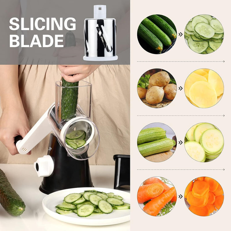 Rotary Cheese Grater & Vegetable Slicer – 3 Interchangeable Stainless Steel Blades | Easy-to-Clean Grater for Cheese, Fruits, Vegetables & Nuts