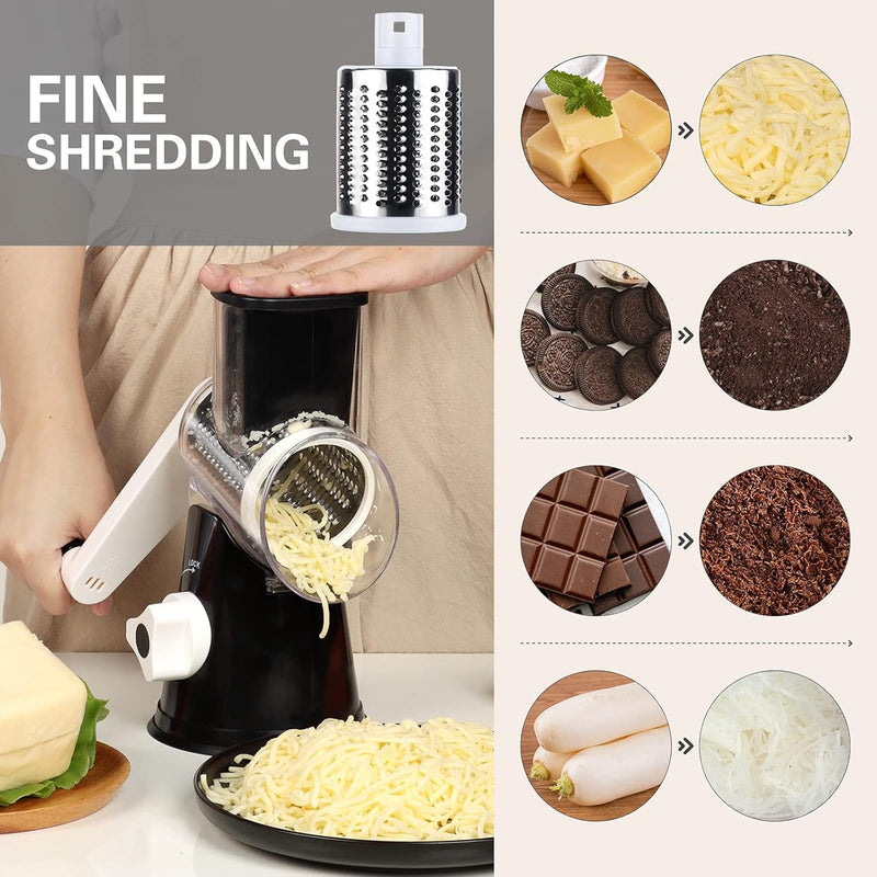 Rotary Cheese Grater & Vegetable Slicer – 3 Interchangeable Stainless Steel Blades | Easy-to-Clean Grater for Cheese, Fruits, Vegetables & Nuts