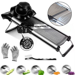 Mandoline Slicer | Stainless Steel Onion Slicer, Rotatable Dial to Adjust Thickness & Cabbage Shredder – Anti-Slip Base with Fingers Guard & Gloves